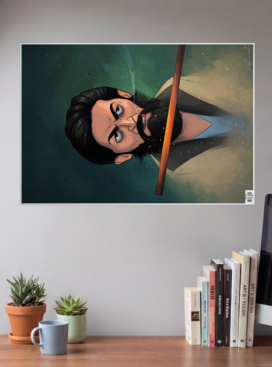 Kgf Rocky Art Sandalwood Movie Poster shown in A3 size on a wall above a study desk