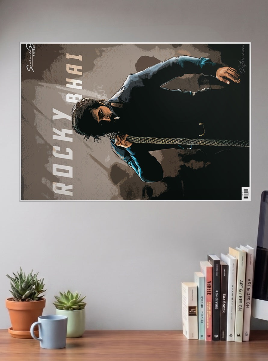 Kgf Rocky Bhai Sandalwood Movie Poster shown in A3 size on a wall above a study desk