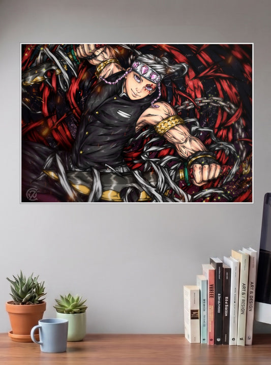 Tengen Demon Slayer Anime Poster shown in A3 size on a wall above a study desk