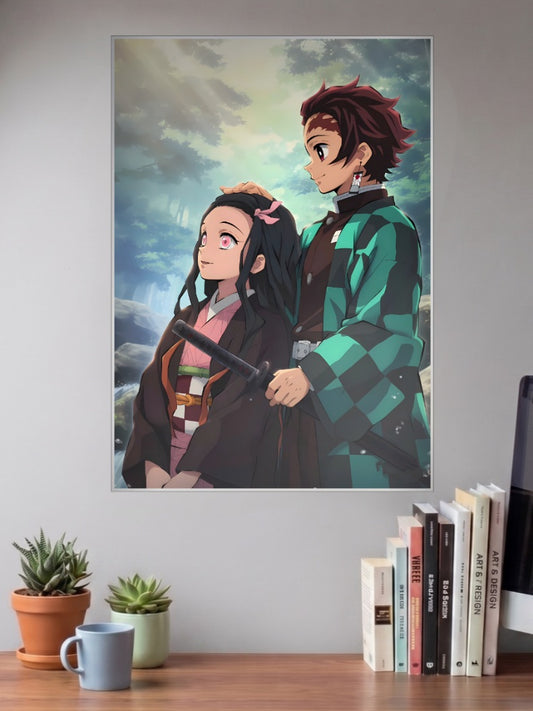 Tanjiro And Nezuko Forest Scene Anime Poster shown in A3 size on a wall above a study desk
