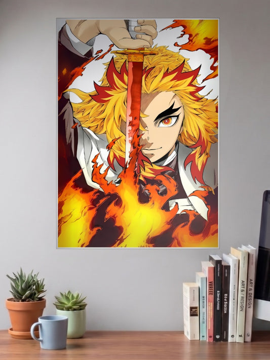 Kyojuro Rengoku Flame Sword Anime Poster shown in A3 size on a wall above a study desk