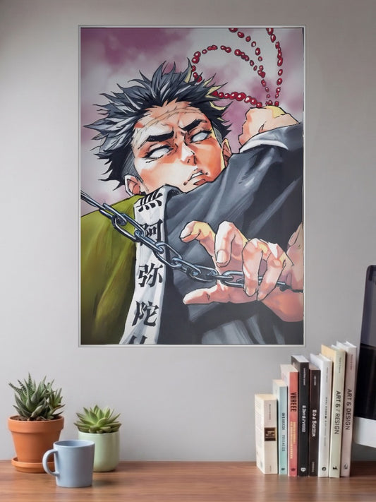 Gyomei Himejima Prayer Beads Anime Poster shown in A3 size on a wall above a study desk