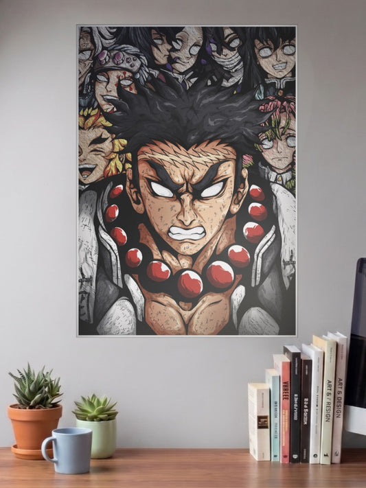 Gyomei Himejima Hashira Portrait Anime Poster shown in A3 size on a wall above a study desk