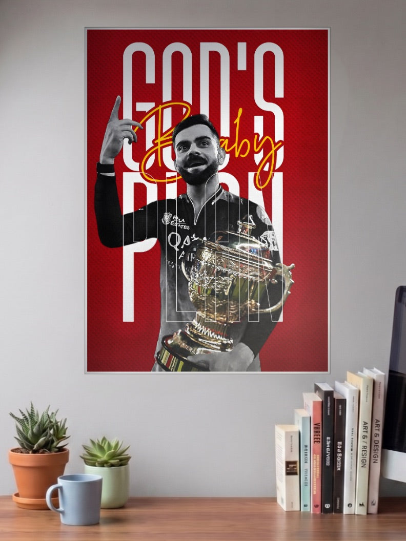 Virat Kohli Gods Plan IPL Poster shown in A3 size on a wall above a study desk
