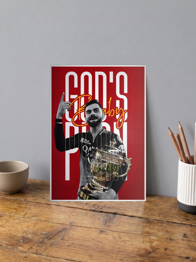 Virat Kohli Gods Plan IPL Poster shown in A4 size on a wooden desk