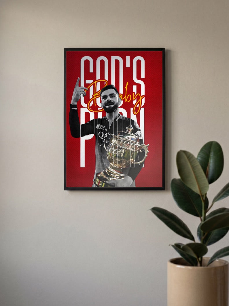 Virat Kohli Gods Plan IPL Poster in a black frame, mounted on a wall