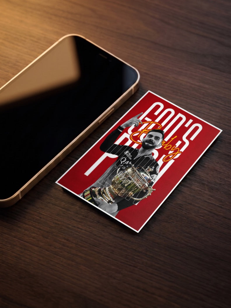 Virat Kohli Gods Plan IPL Poster as a pocket poster, sized to fit behind a phone case