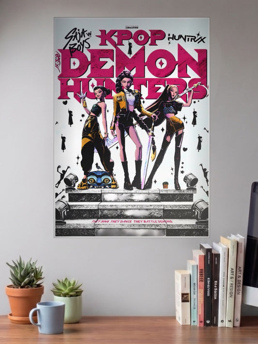 Huntrix And Saja Boys Cover Netflix Poster shown in A3 size on a wall above a study desk