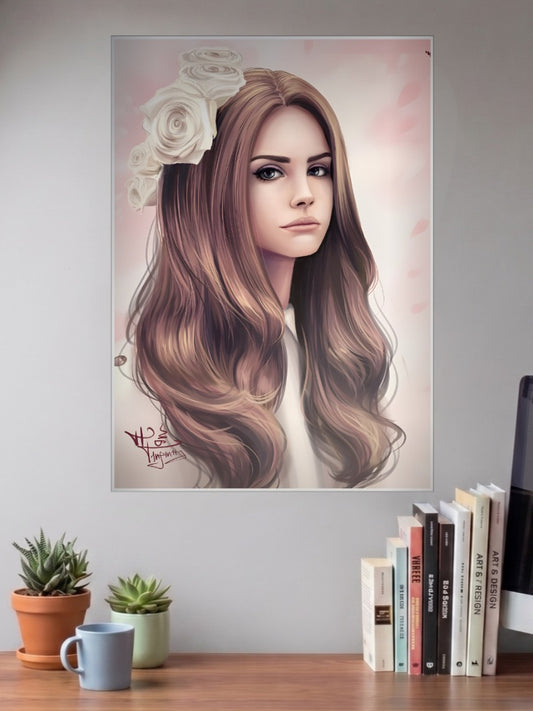 Lana Del Rey White Rose Portrait Singers Poster shown in A3 size on a wall above a study desk