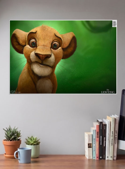 Simba Lion King Hollywood Movie Poster shown in A3 size on a wall above a study desk