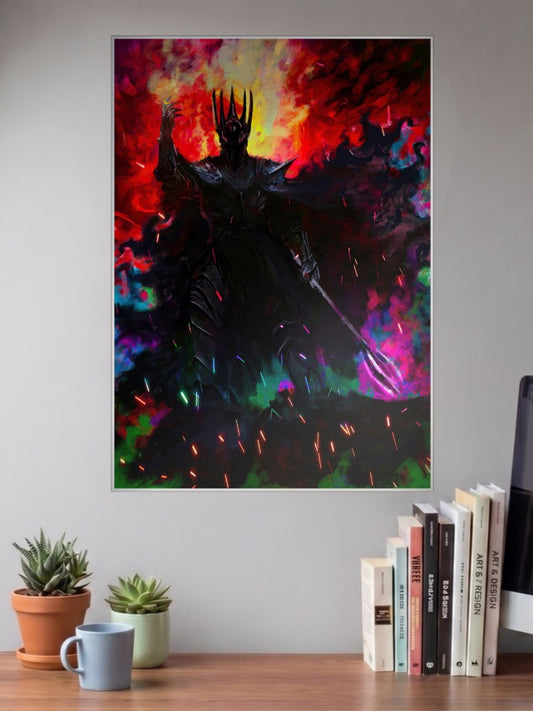 Sauron Dark Lord Portrait Hollywood Movie Poster shown in A3 size on a wall above a study desk