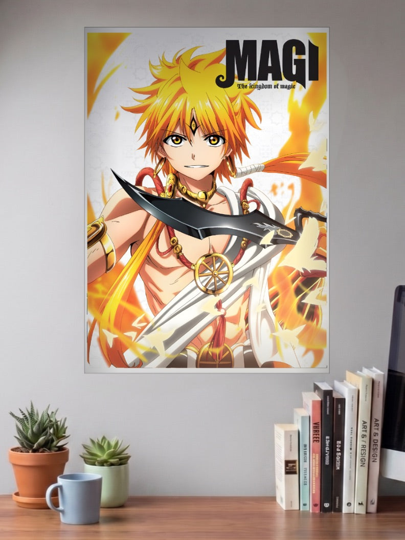 Alibaba Saluja Magi Cover Anime Poster shown in A3 size on a wall above a study desk