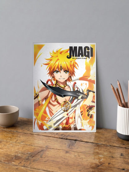 Alibaba Saluja Magi Cover Anime Poster shown in A4 size on a wooden desk