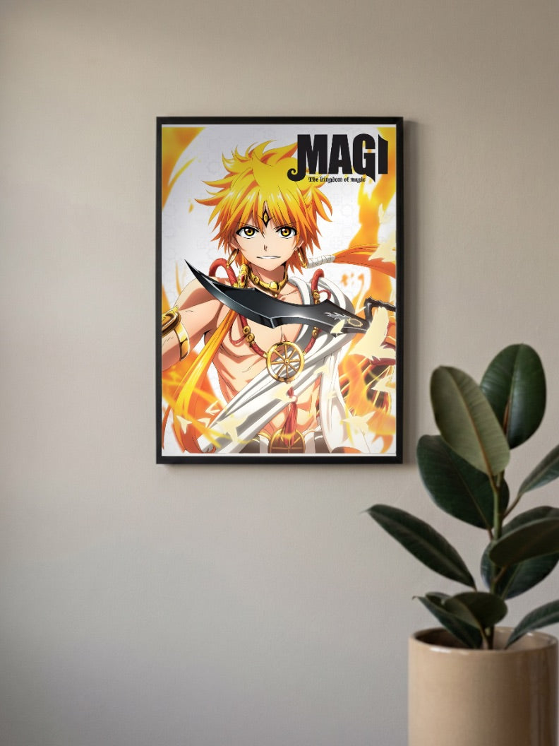Alibaba Saluja Magi Cover Anime Poster in a black frame, mounted on a wall