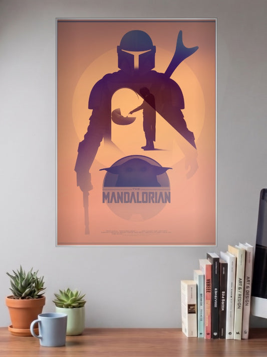 Mandalorian And Grogu Silhouette Star Wars Poster shown in A3 size on a wall above a study desk