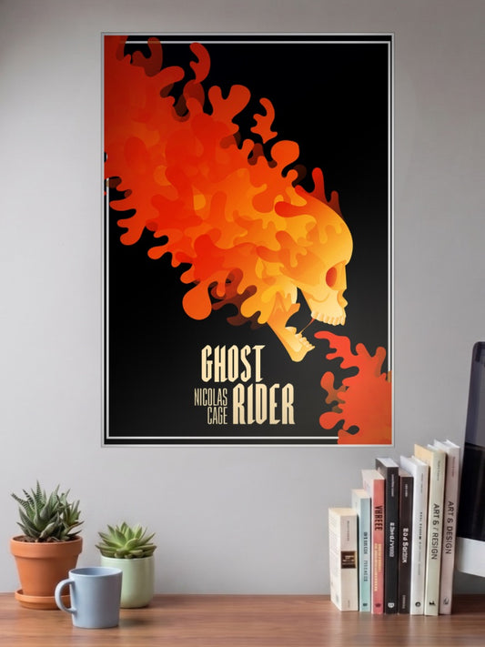 Ghost Rider Flame Skull Art Marvel Poster shown in A3 size on a wall above a study desk