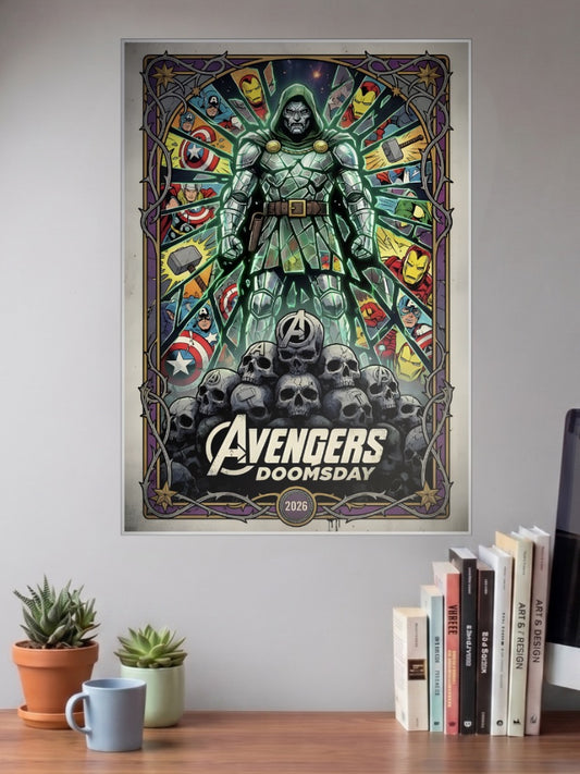 Avengers Doomsday Doctor Doom Marvel Poster shown in A3 size on a wall above a study desk