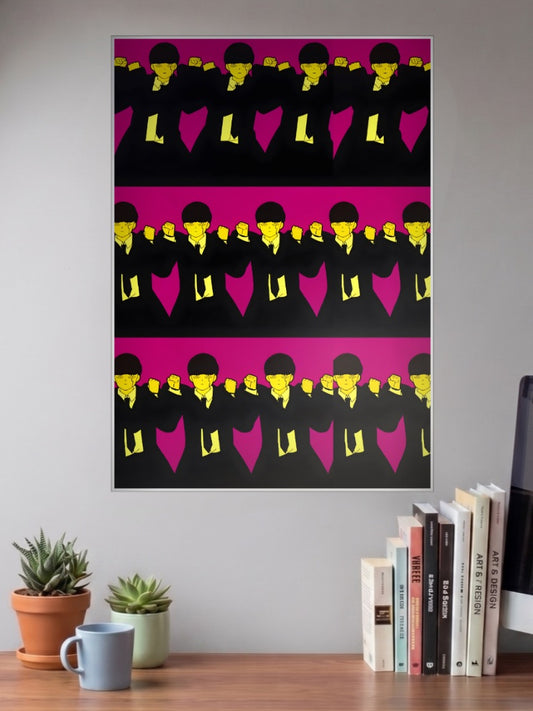 Mashle Beatles Style Pop Art Anime Poster shown in A3 size on a wall above a study desk