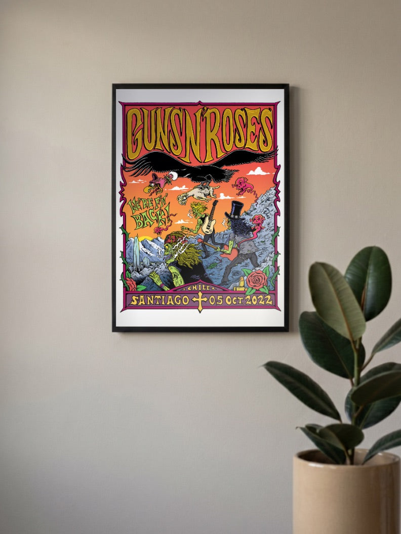 Guns N Roses Were Back Poster Bands Poster in a black frame, mounted on a wall