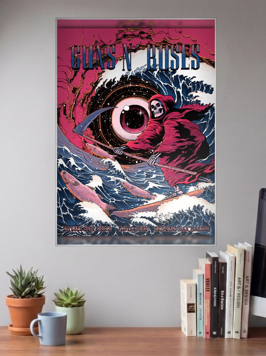 Guns N Roses Reaper Wave Poster Bands Poster shown in A3 size on a wall above a study desk