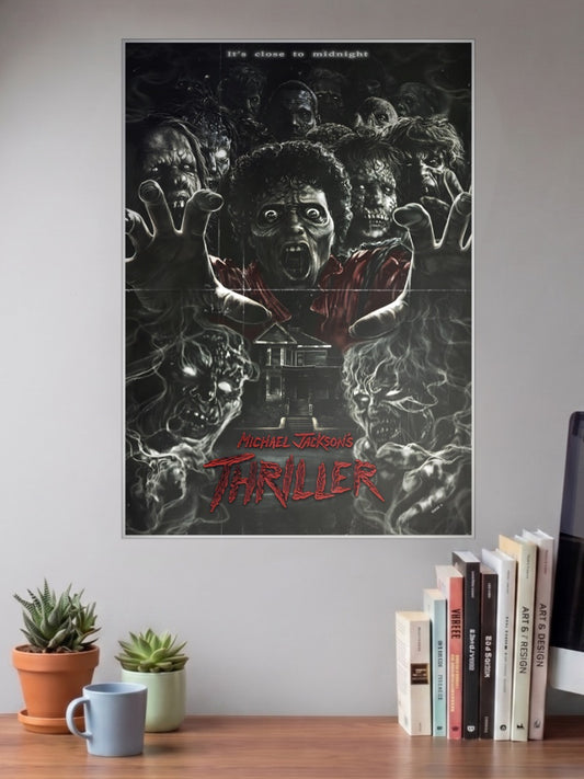 Michael Jackson Thriller Horror Singers Poster shown in A3 size on a wall above a study desk