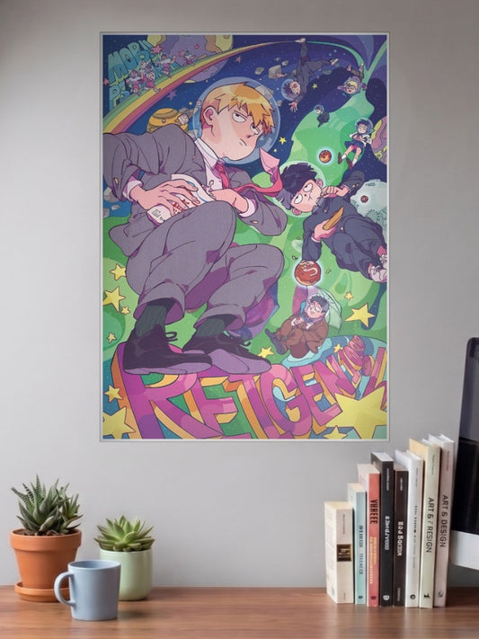 Mob And Reigen Flying Scene Anime Poster shown in A3 size on a wall above a study desk