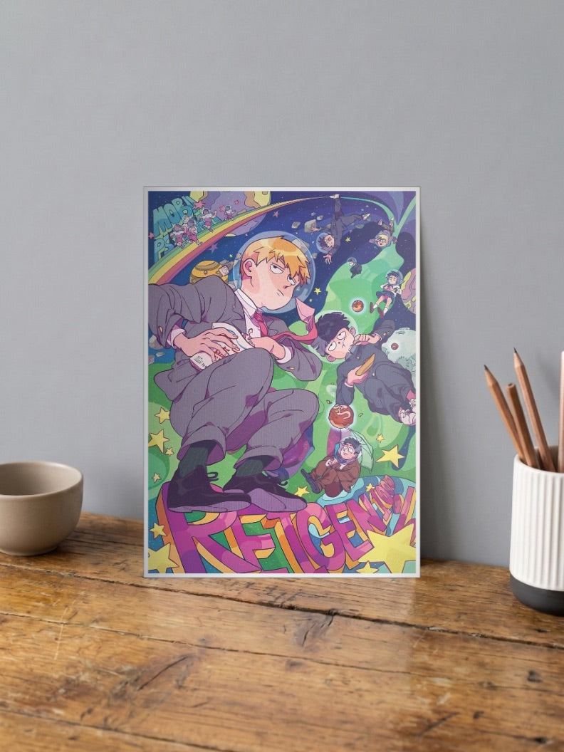 Mob And Reigen Flying Scene Anime Poster