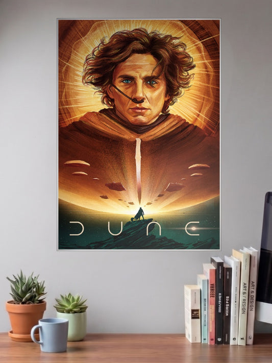 Paul Atreides Dune Poster Hollywood Movie Poster shown in A3 size on a wall above a study desk