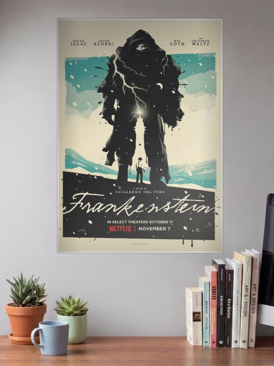 Frankenstein Del Toro Poster Netflix Poster shown in A3 size on a wall above a study desk