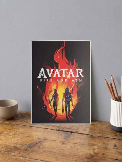 Avatar Fire And Ash Poster Hollywood Movie Poster shown in A4 size on a wooden desk
