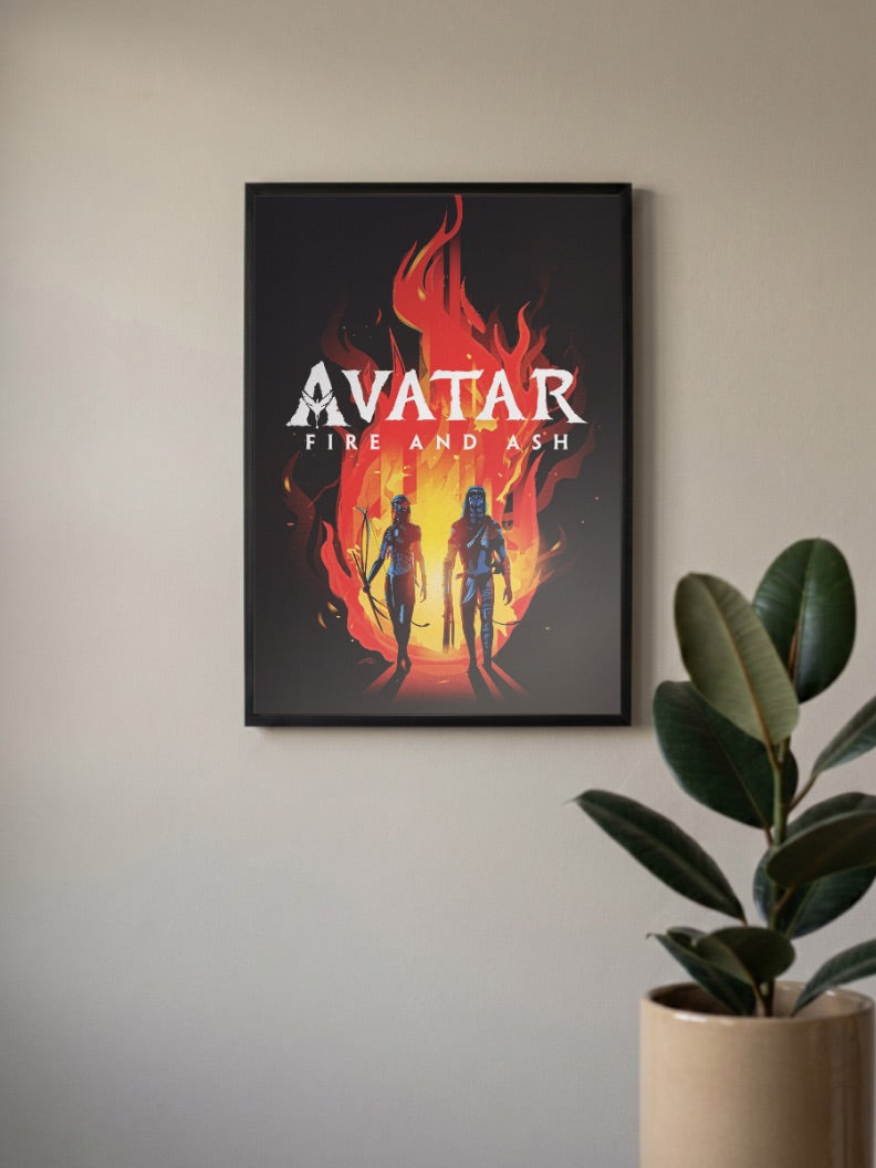 Avatar Fire And Ash Poster Hollywood Movie Poster in a black frame, mounted on a wall