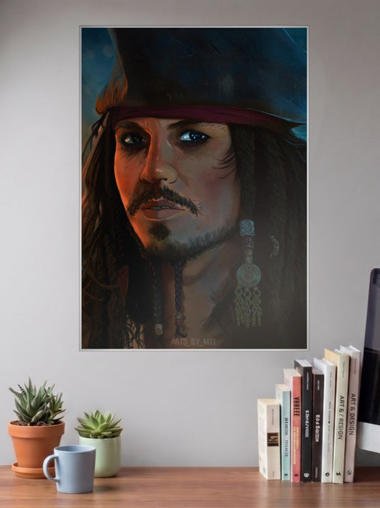 Jack Sparrow Portrait Hollywood Movie Poster shown in A3 size on a wall above a study desk