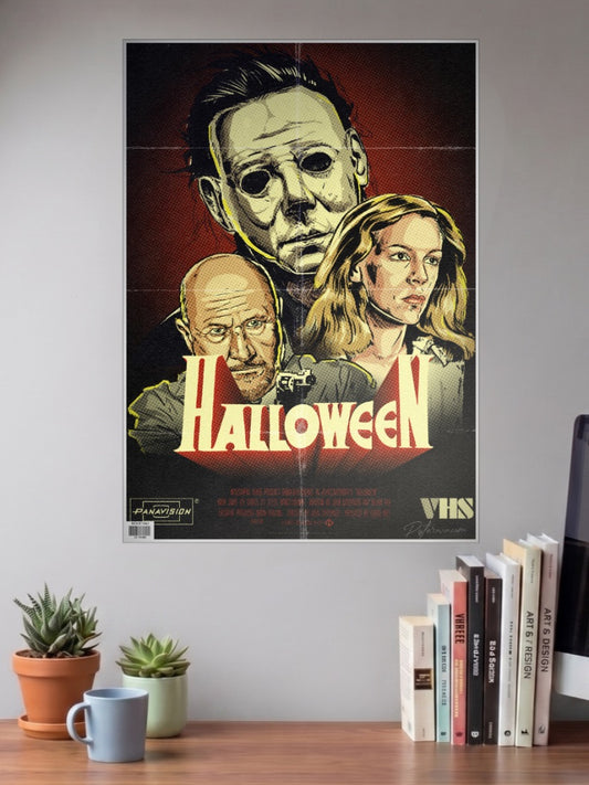 Michael Myers Halloween Poster Horror Movie Poster shown in A3 size on a wall above a study desk