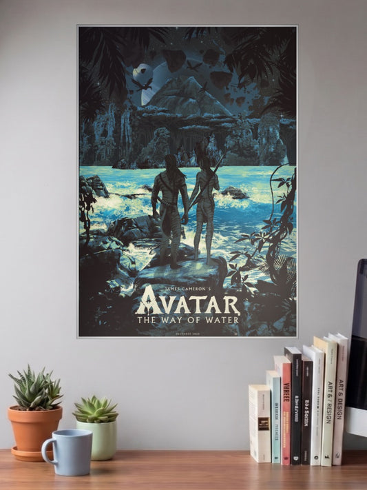 Avatar Way Of Water Poster Hollywood Movie Poster shown in A3 size on a wall above a study desk