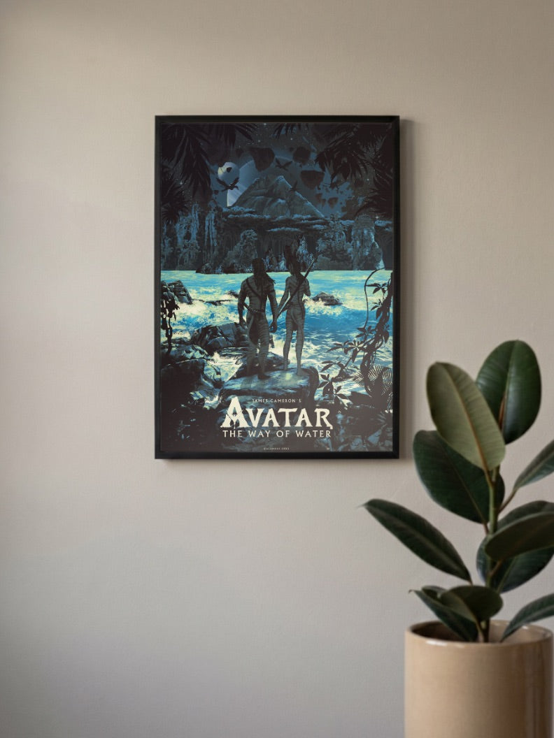 Avatar Way Of Water Poster Hollywood Movie Poster in a black frame, mounted on a wall