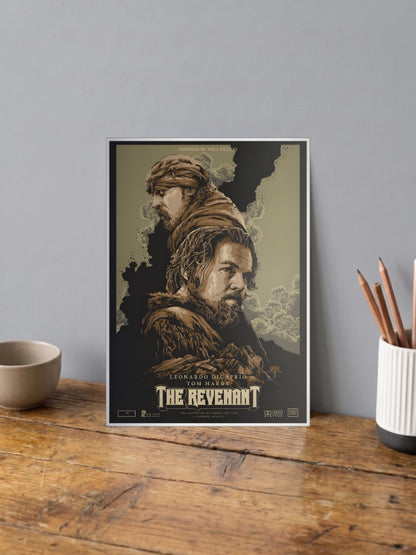 The Revenant Poster Hollywood Movie Poster shown in A4 size on a wooden desk