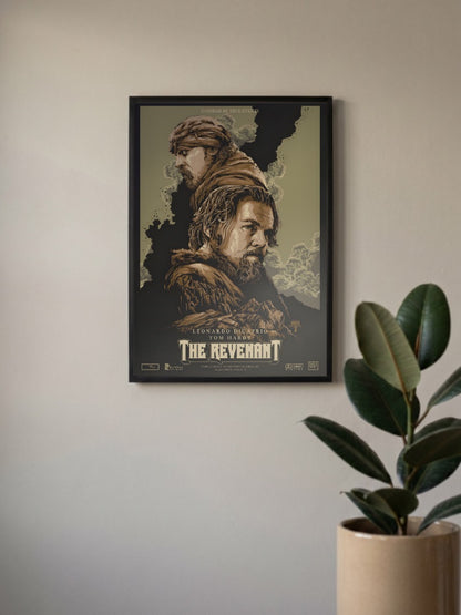 The Revenant Poster Hollywood Movie Poster in a black frame, mounted on a wall