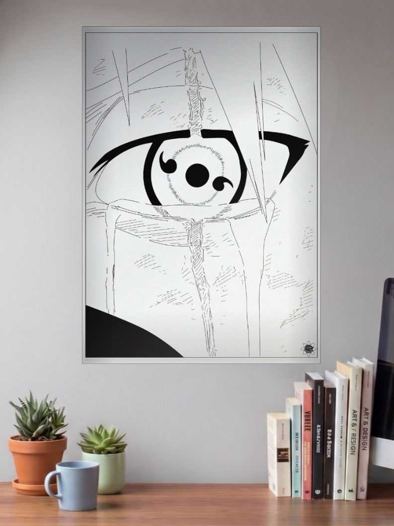 Sharingan Eye Line Art Anime Poster shown in A3 size on a wall above a study desk