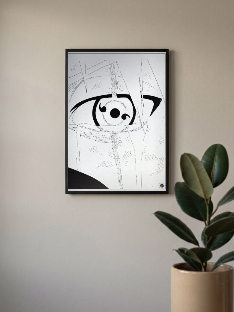 Sharingan Eye Line Art Anime Poster in a black frame, mounted on a wall