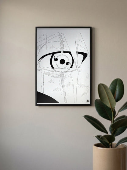 Sharingan Eye Line Art Anime Poster in a black frame, mounted on a wall