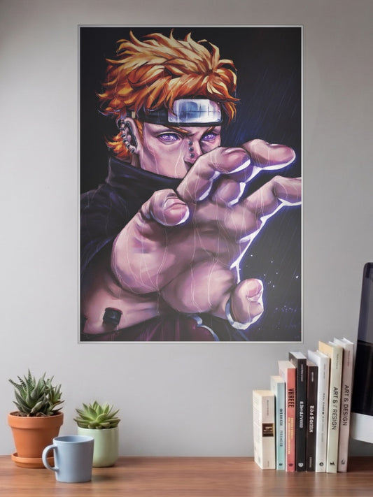 Pain Nagato Rinnegan Portrait Anime Poster shown in A3 size on a wall above a study desk