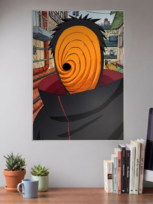 Obito Uchiha Masked Portrait Anime Poster shown in A3 size on a wall above a study desk
