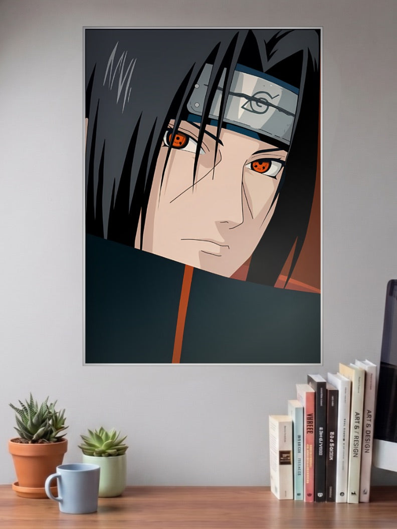 Itachi Uchiha Close Up Eyes Anime Poster shown in A3 size on a wall above a study desk
