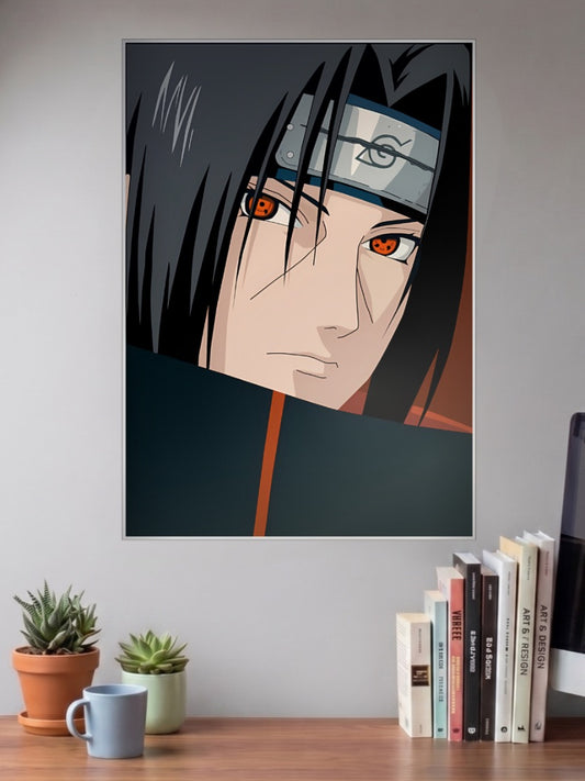 Itachi Uchiha Close Up Eyes Anime Poster shown in A3 size on a wall above a study desk