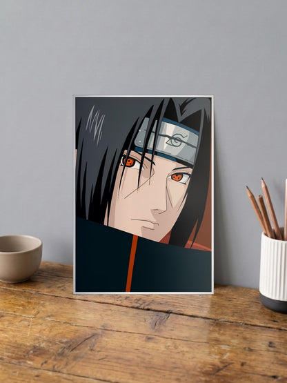 Itachi Uchiha Close Up Eyes Anime Poster shown in A4 size on a wooden desk
