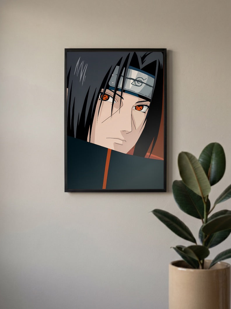 Itachi Uchiha Close Up Eyes Anime Poster in a black frame, mounted on a wall