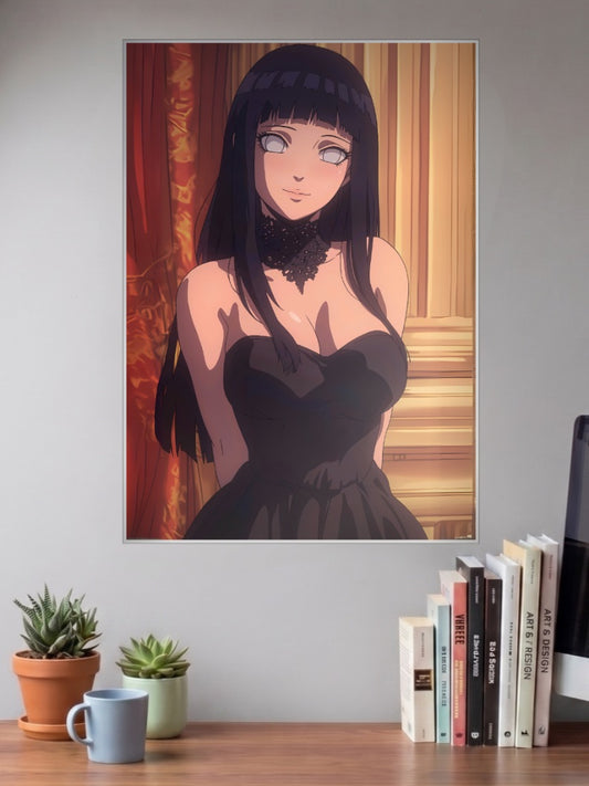 Hinata Hyuga Elegant Dress Anime Poster shown in A3 size on a wall above a study desk