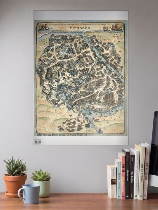 Hiresaka Fantasy City Map Fantasy Poster shown in A3 size on a wall above a study desk
