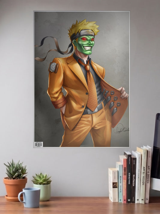 Naruto Mask Reveal Suit Art Anime Poster shown in A3 size on a wall above a study desk