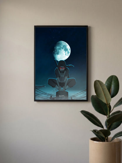 Itachi Sitting Under Blue Moon Anime Poster
